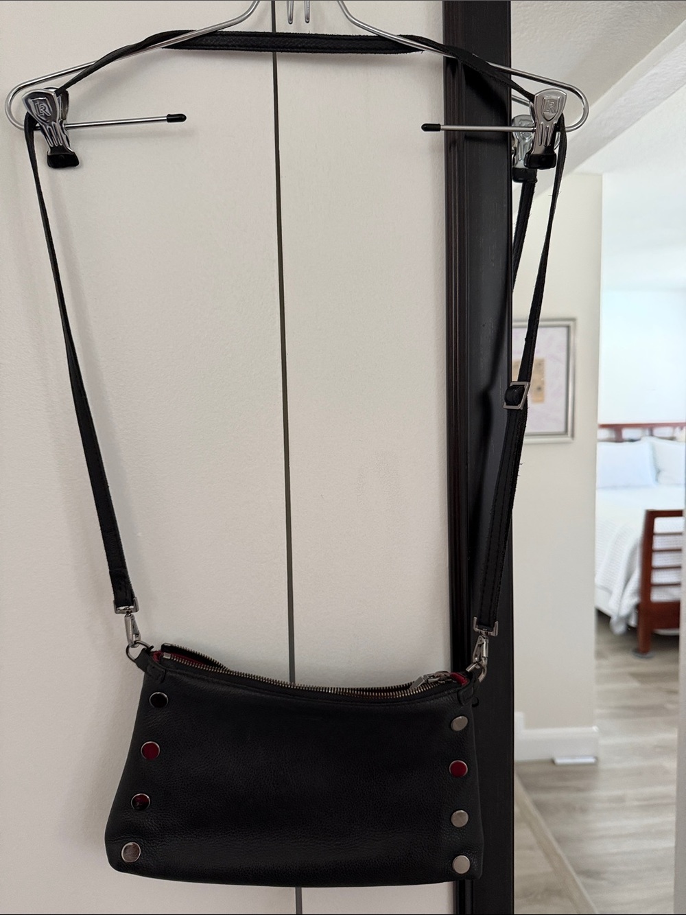 Women's Black Leather Crossbody Bag with Stud Accents
